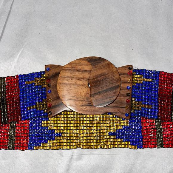 Beaded Belt Blue Yellow Red Handmade Wooden Buckle Vintage VTG Tribal - Picture 2 of 8